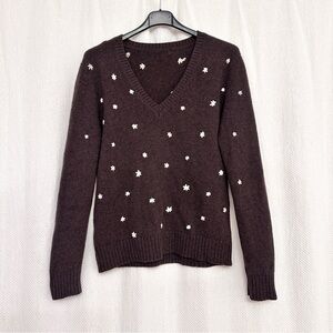 Kirkland 100% Cashmere Dark Brown V-Neck Sweater with White Snowflake Accents